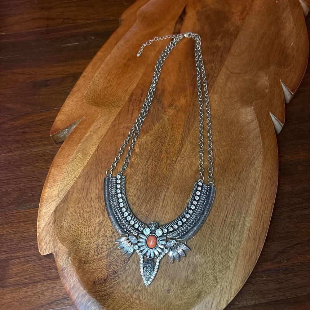 Silver and Orange Glam Statement Necklace ADJUSTABLE
